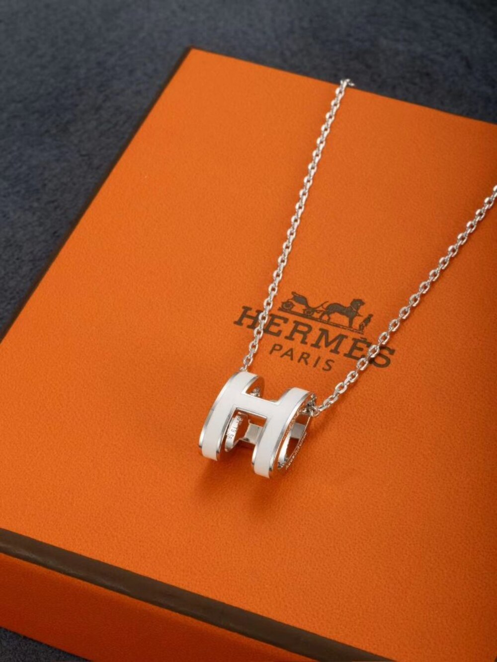 Hermes Pop H White Enamel Silver-Tone Pendant Necklace